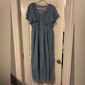 Maternity Blue Swiss Dot Maxi Dress with Smocked Top